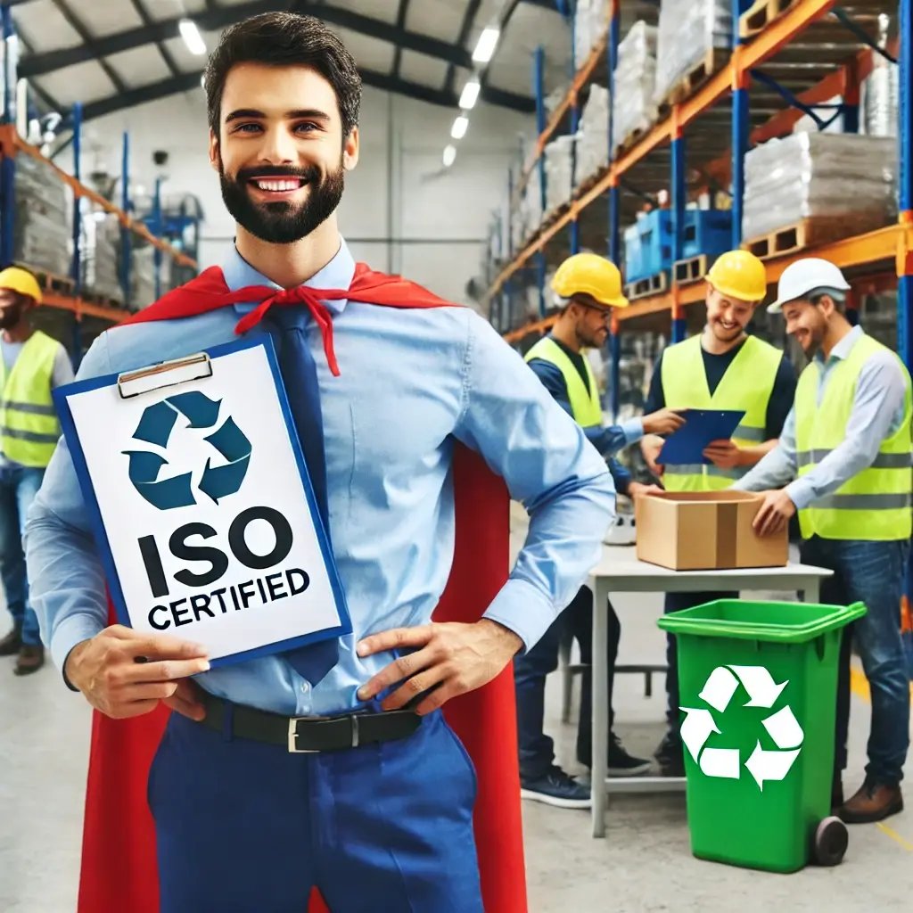 DALL·E 2025-03-18 14.36.46 - A confident workplace safety inspector wearing a superhero cape, standing proudly while holding a clipboard with ‘ISO Certified’ written on it. In the