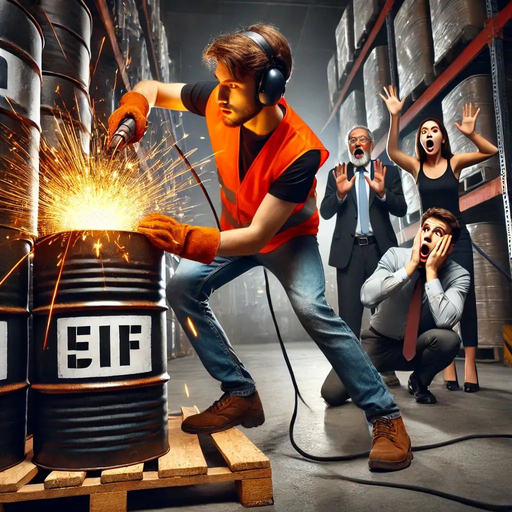 DALL·E 2025-03-18 14.37.35 - A young worker in a warehouse dangerously stacking flammable barrels next to a welding station, with sparks flying close to the barrels. In the backgr